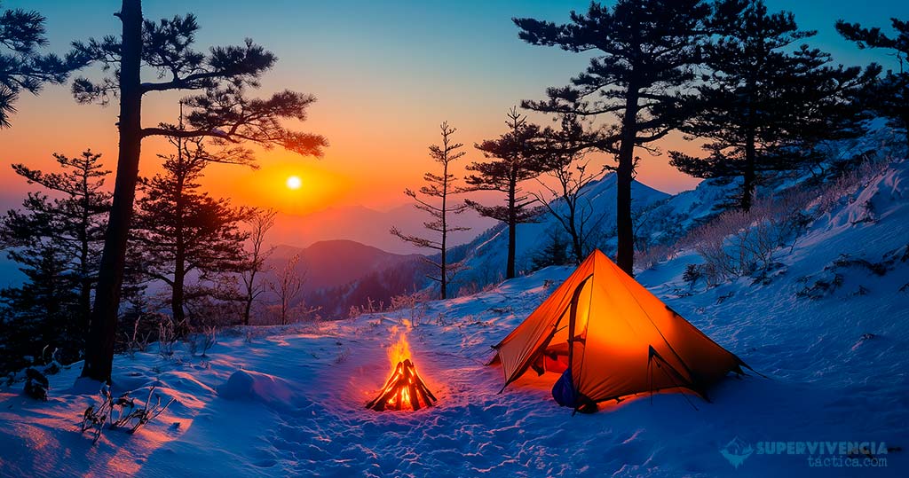 Campamento en la montaña nevada con tienda de campaña y fogata