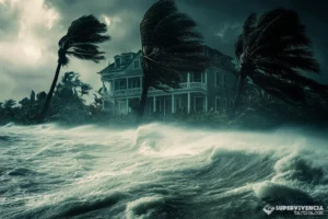 Un huracán agita el agua y las ramas de las palmeras