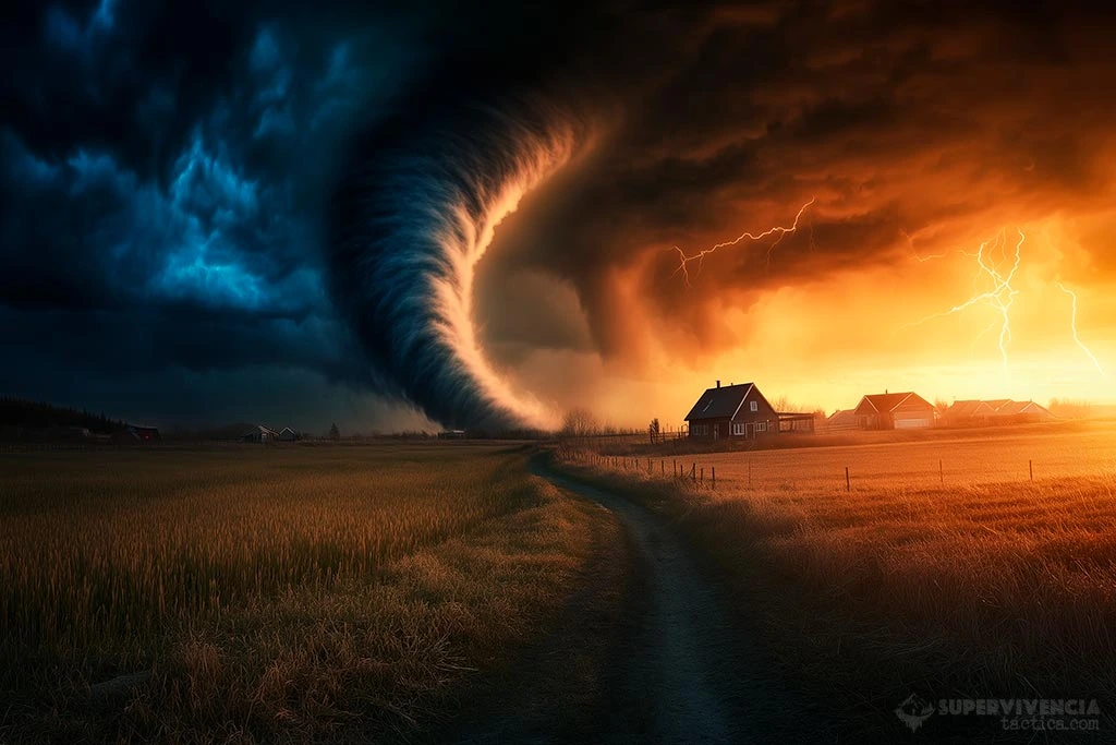 Un tornado amenaza una granja en el campo