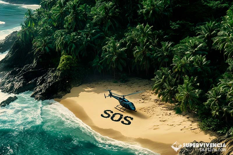 Señal de socorro tierra-aire en una playa desierta