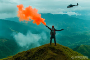 Montañero realiza señales de socorro con un bote de humo a un helicóptero